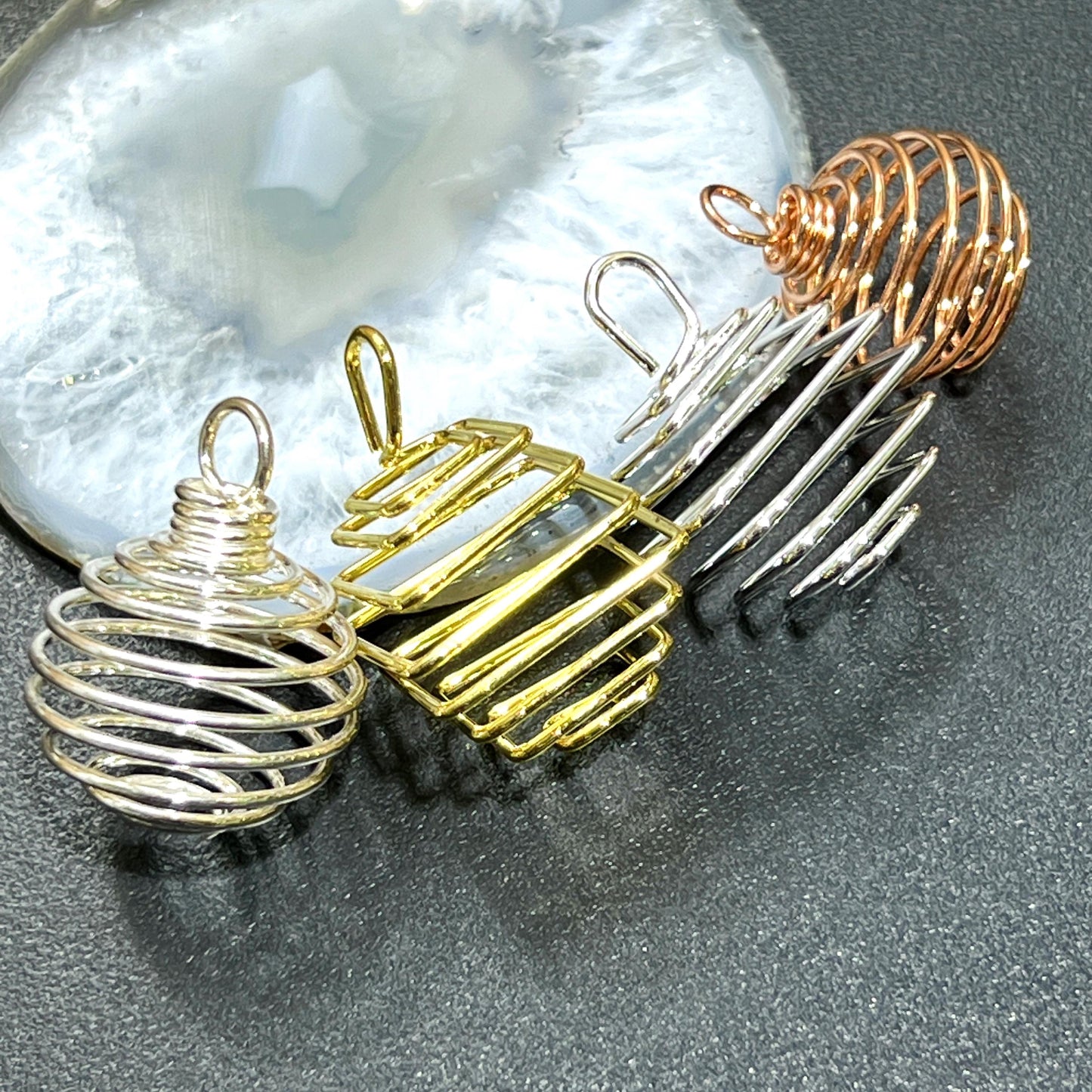 Crystal Gem Holder Spiral Cage Pendants (Silver, Gold, or Copper Plated) Circle Square Wholesale