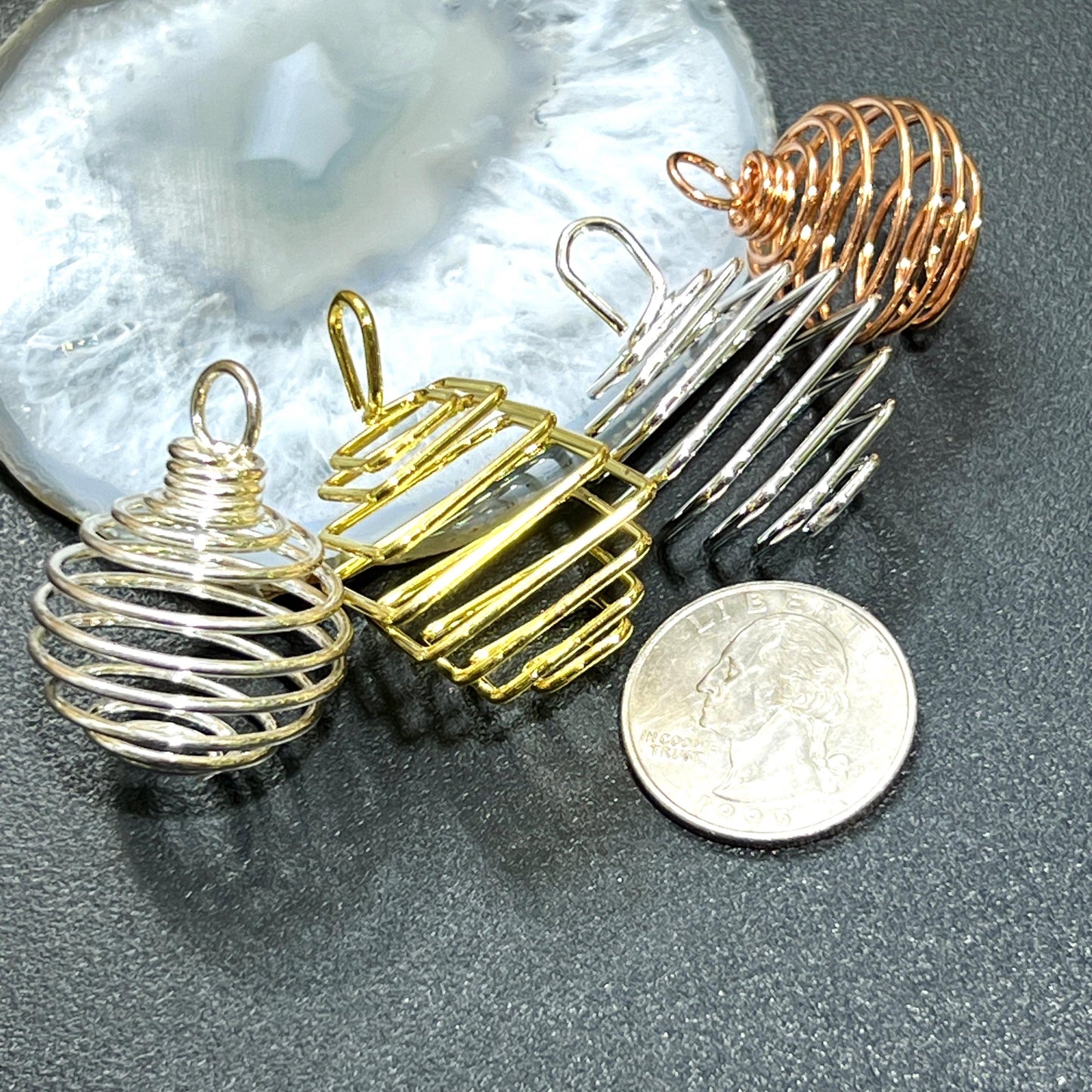 Crystal Gem Holder Spiral Cage Pendants (Silver, Gold, or Copper Plated) Circle Square Wholesale
